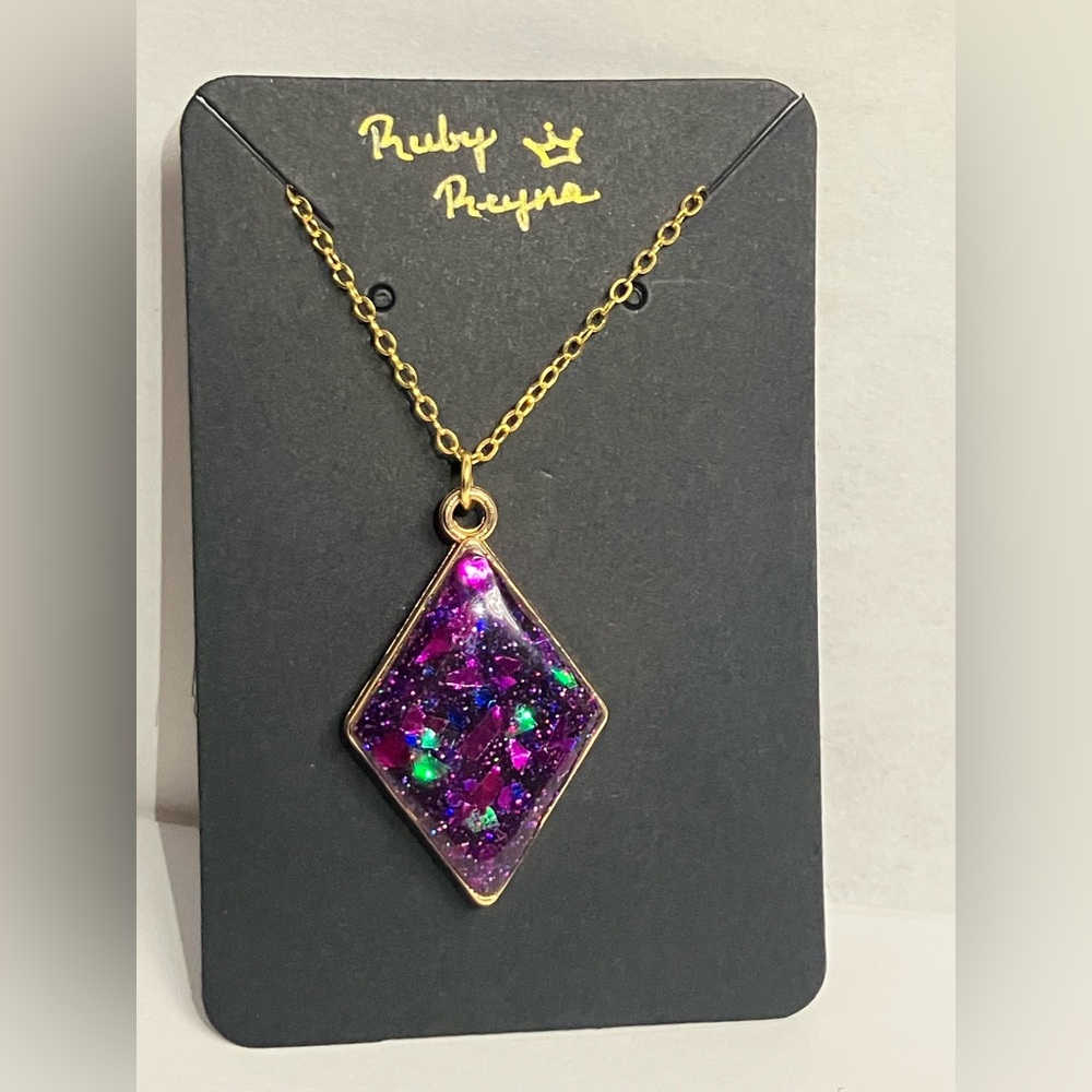 Handmade Purple Galaxy Resin Necklace – Glitter Diamond Pendant - Picture 4 of 6